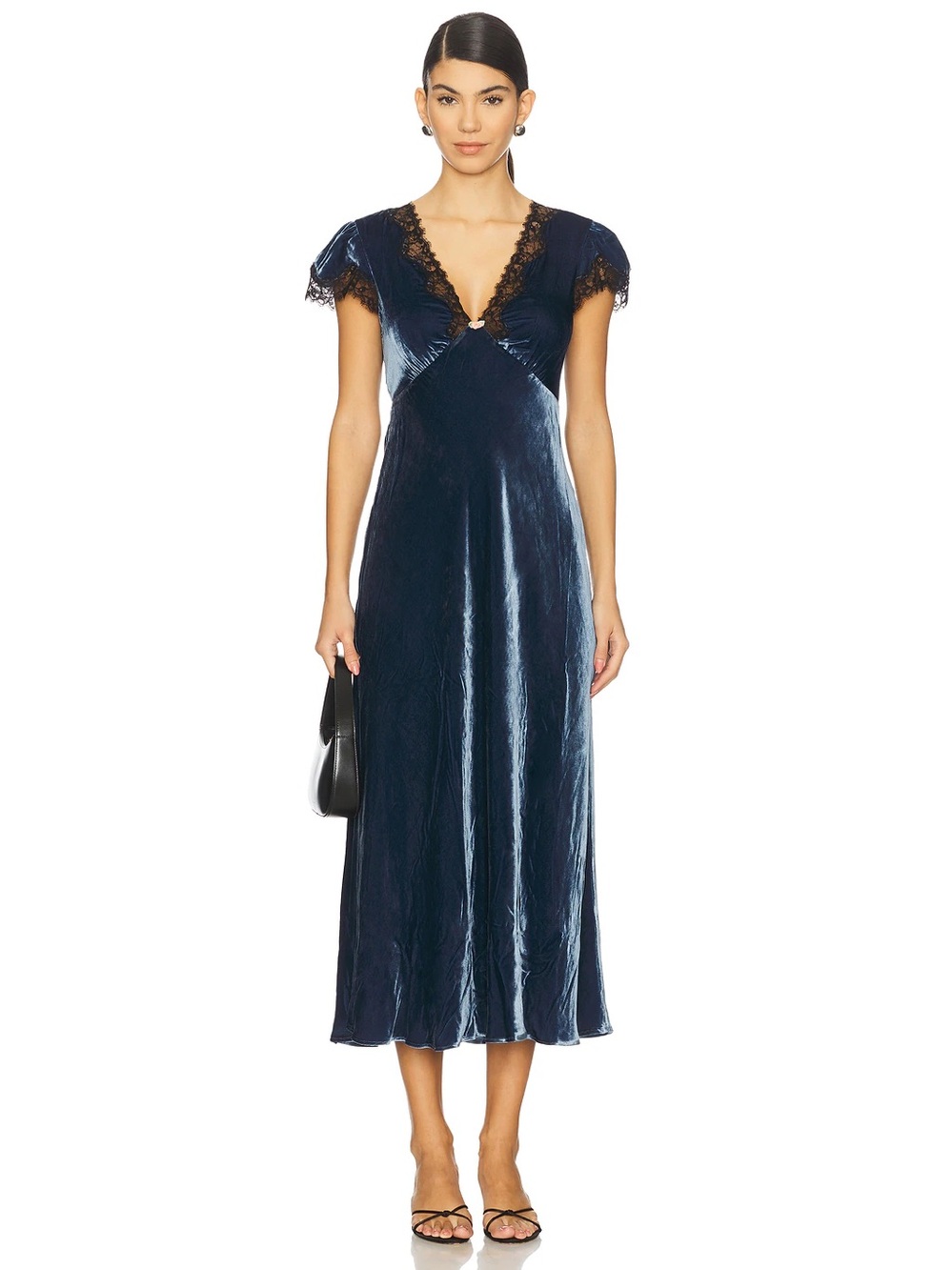 RIXO Clarice Velvet Dress Steel Blue Midi Lace Trim V Neck Size 8